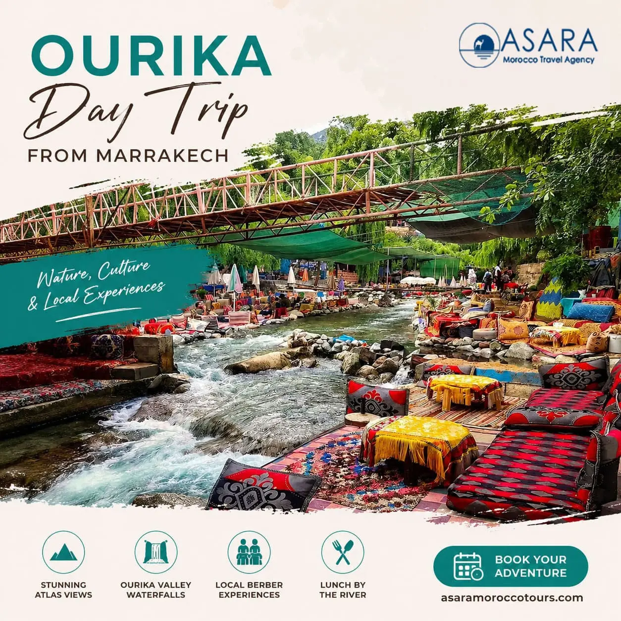 Ourika Day Trip From Marrakech featuring the scenic Ourika Valley river, colorful Moroccan cafés, and Atlas Mountain landscapes