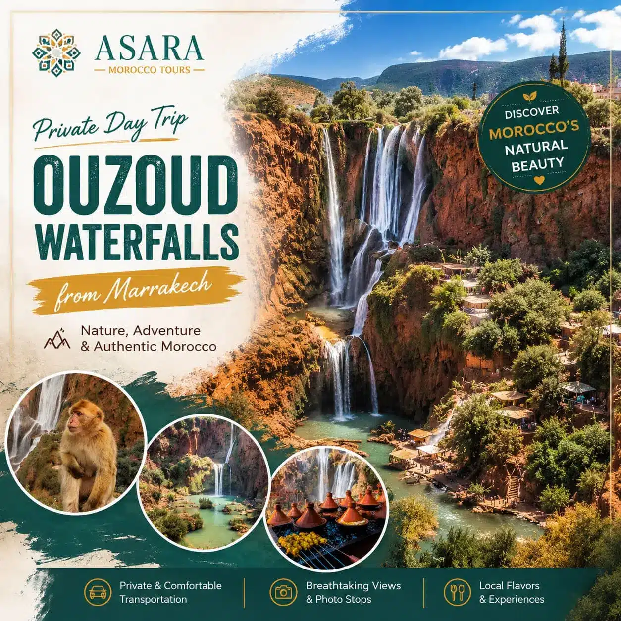 Private day trip ouzoud waterfalls from marrakech with cascading falls, red cliffs, lush greenery and Moroccan landscapes