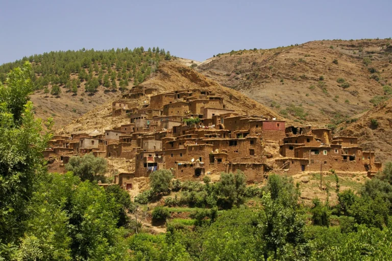 Traditional Berber village built into the Atlas Mountain slopes near Ourika Valley