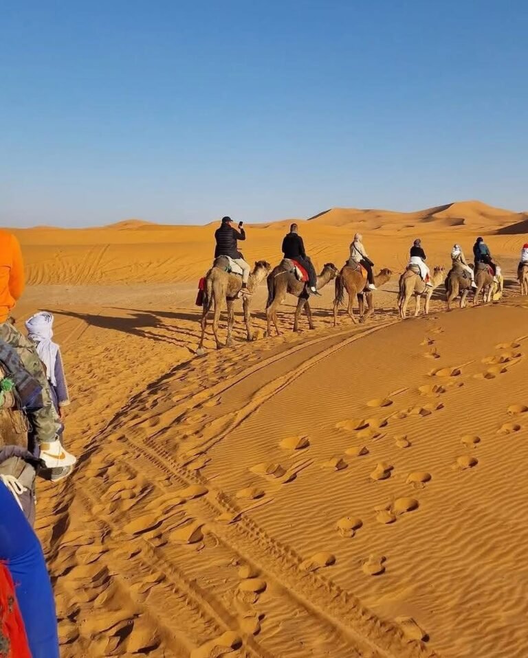 Traveler riding a camel through the dunes